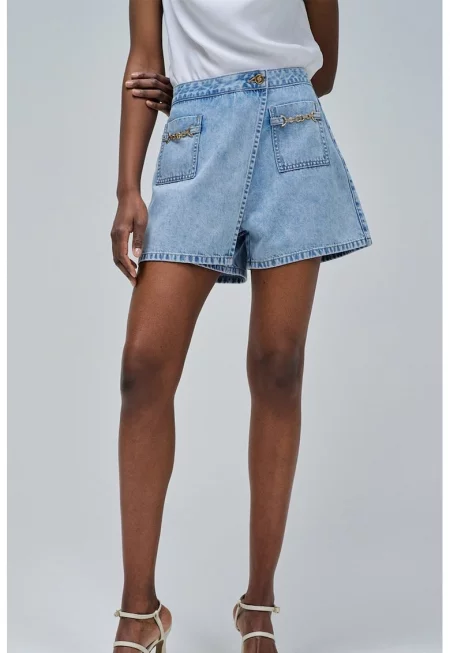 Къси дънки със застъпен дизайн - Светлосин