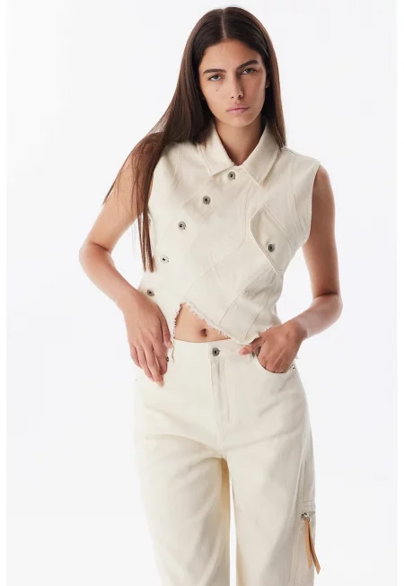 Късо дънково яке без ръкави с асиметричен подгъв