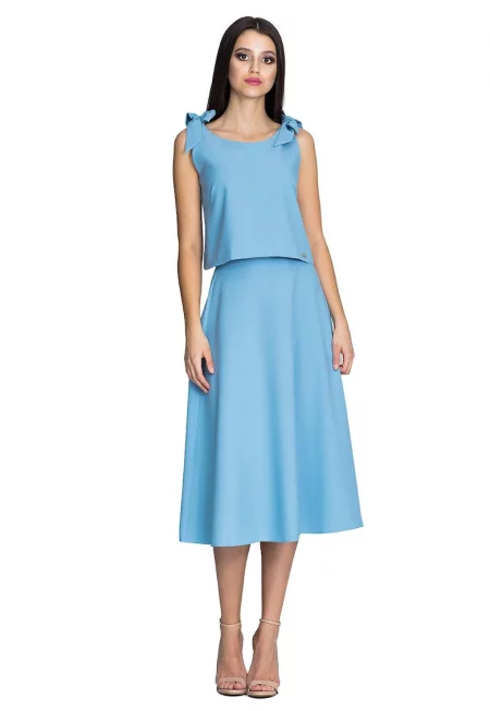 Комплект от пола и блуза в син цвят  тиранти - разкроена пола - Син