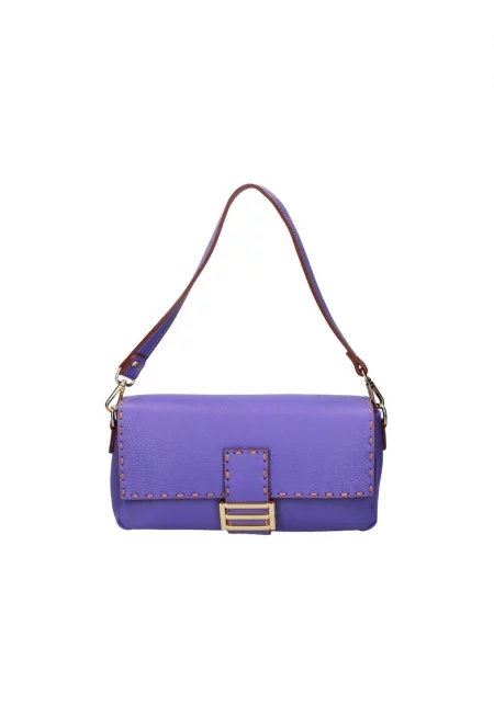 Кожена чанта с контрастни шевове - Бледовиолетов