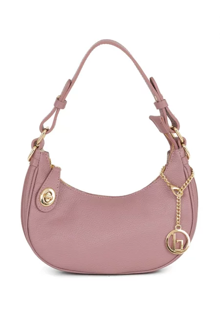 Кожена чанта за рамо с регулираща се презрамка - Прашно розово
