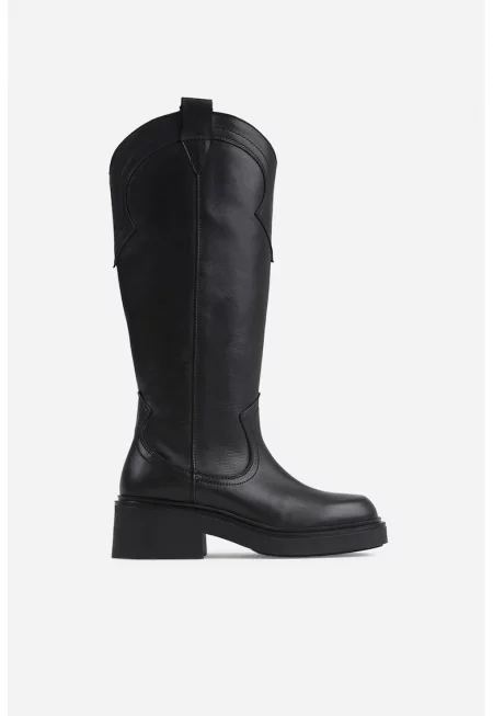 Кожени ботуши до коляното Daff-Ey с масивен ток - Тъмносин/Тъмносин