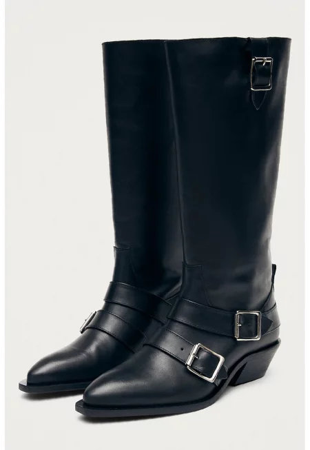 Кожени ботуши Ryder с кубински ток - Черен