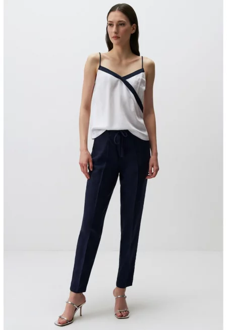 Ленен панталон с регулируема талия - Тъмносин