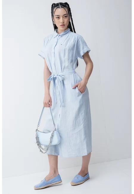 Ленена рокля-риза с къси ръкави - Лавандула