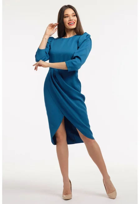 Миди рокля с бухнали ръкави - Петролно синьо