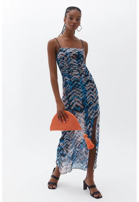 Мрежеста рокля с тънки презрамки - Пастелносин/Бял