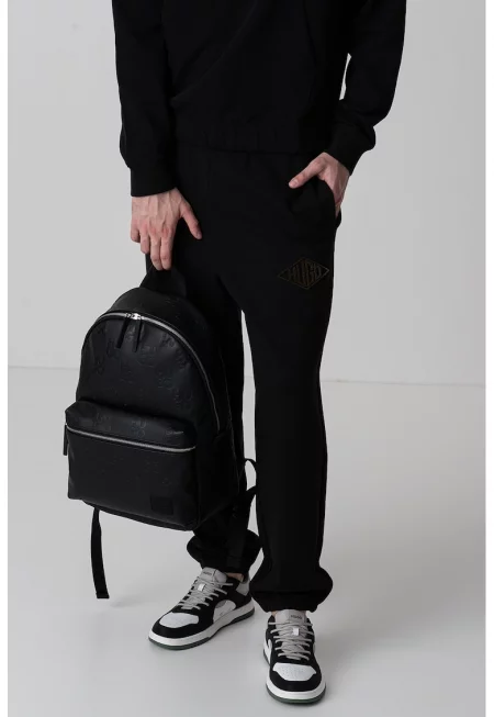 Памучен спортен панталон с лого и връзка - Черен