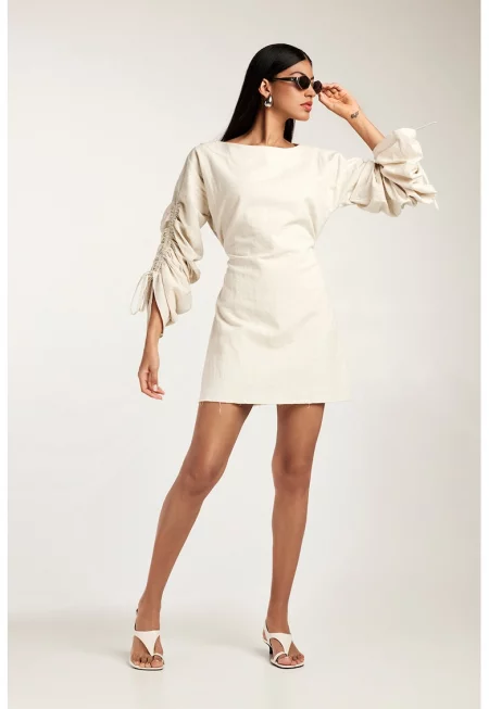 Памучна къса рокля Sonya с набрани ръкави - Светло бежово