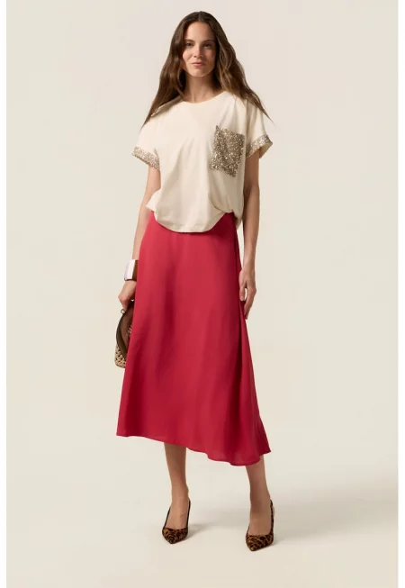 Памучна тениска с пайети - Бежов