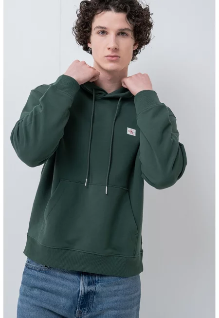 Памучно худи с джоб кенгуру - Тъмнозелен