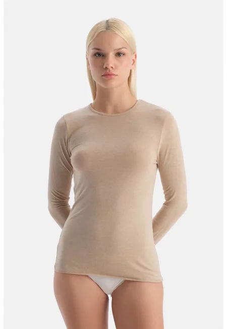 Пижамена слим блуза с кашмир - Бежов -