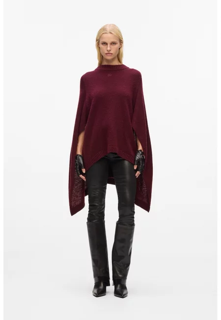 Плетено вълнено пончо с овално деколте - Бордо