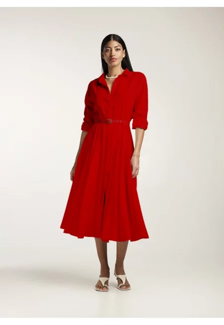 Плисирана рокля-риза с колан