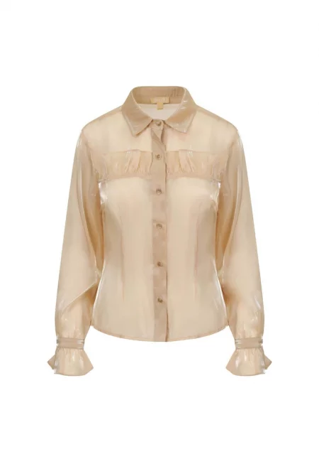 Полупрозрачна риза от органза с набирания - Бежов