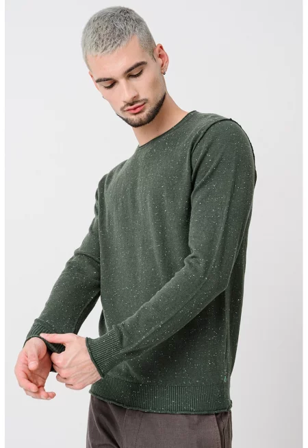 Пуловер с памук с овално деколте - Аква зелено