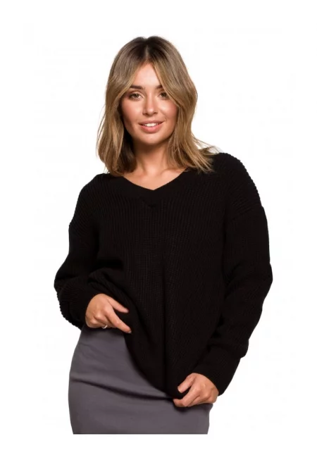 Пуловер с V-образно деколте - акрил - черен