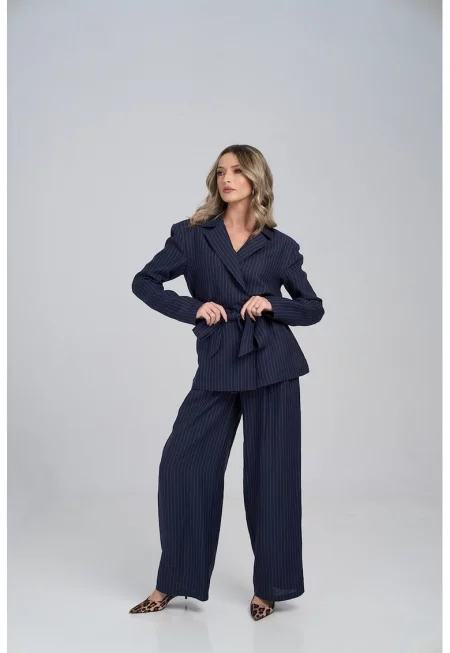 Раирано ленено сако - Тъмносин