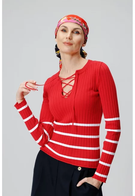 Рипсен пуловер с райе - Червен