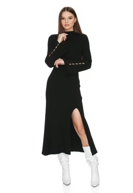 Рипсена рокля Dhalia с цепка встрани - Черен