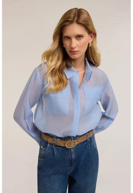Риза от органза с джобове - Пастелносин