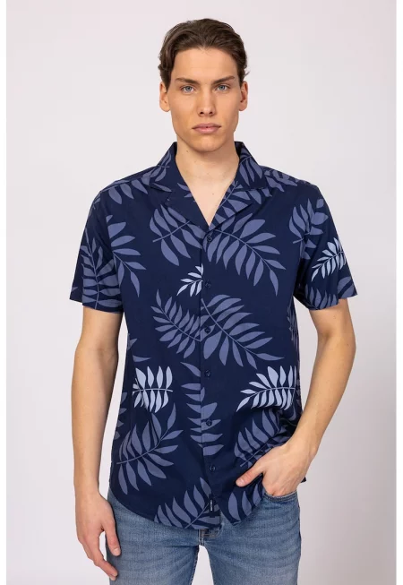 Риза с памук и принт - Тъмносин