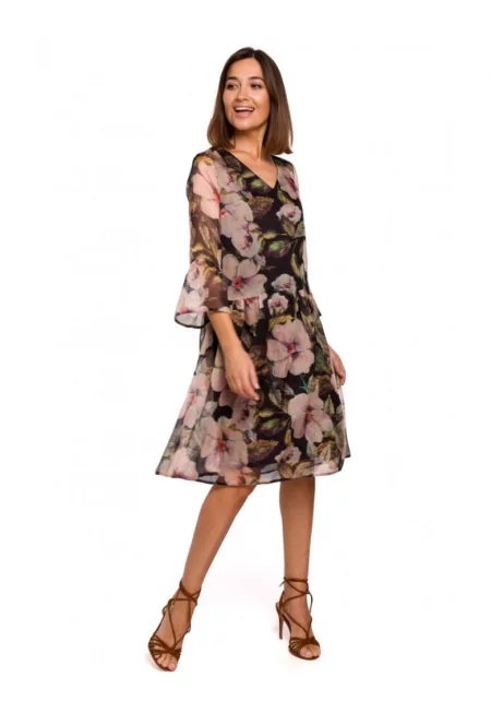 Рокля на цветя -  полиестер черно/розово