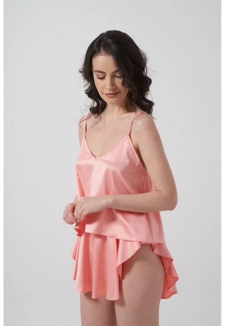 Сатинирана къса пижама с шпиц - Розова сьомга