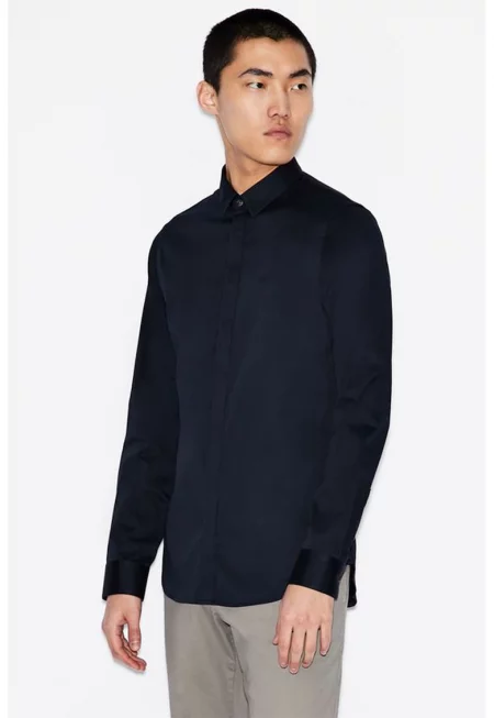 Сатинирана слим риза - Тъмносин