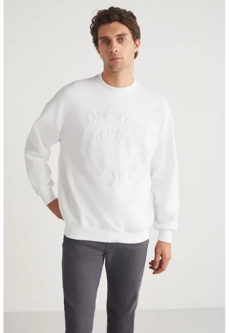 Суитшърт с памук с овално деколте - Бял