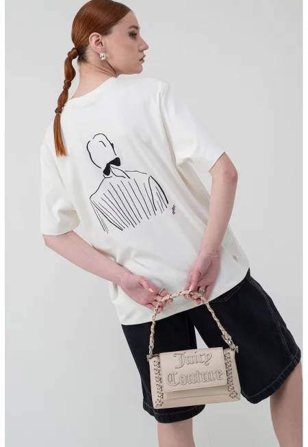 Тениска от органичен памук с фигурален принт - Крем