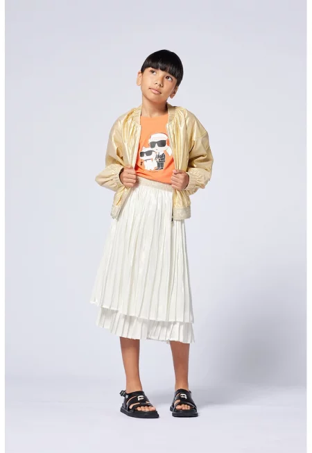 Тениска с модал с овално деколте и шарка - Бял/Черен/Оранжев