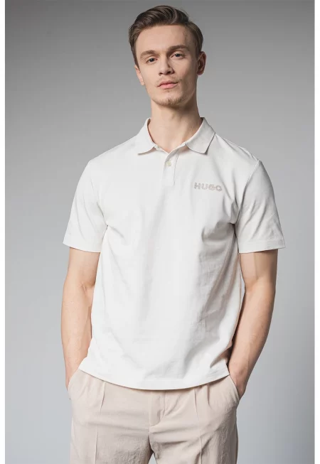 Тениска с яка и лого - Слонова кост