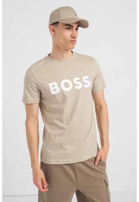 Тениска Thinking с гумирано лого - Светло кафяво/Бял