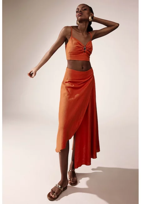 Топ и пола с лен и бамбук - 2 части - Изгорен портокал