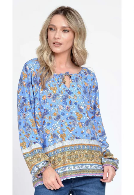 888143228-Блуза IE Дамска с дълъг ръкав - Многоцветна с комбиниран принт