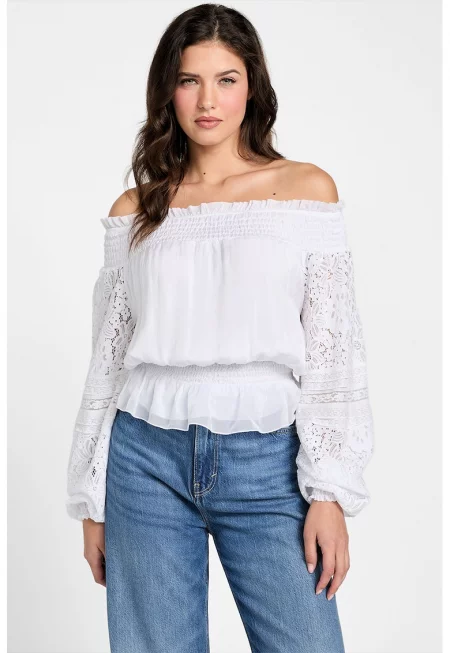 Блуза с коприна с голи рамене - Бял