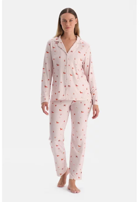 Дълга пижама с десен и висока талия - Бледо розово