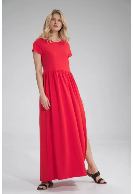 Дълга рокля  червена - памучна - с цепка