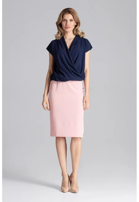 Дамска блуза -  Къс ръкав - Елегантна - Полиестер/Еластан - Тъмносиня