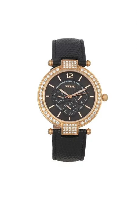 Дамски часовник  WWL100307 - черна каишка от екологична кожа - златна стоманена кутия - водоустойчивост 5 ATM - диаметър 38x38 мм