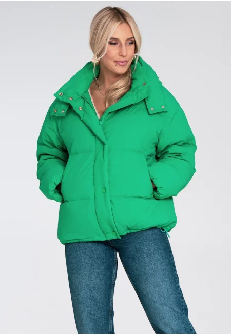 Дамско яке -  зелено - уголемено - с качулка - от синтетичен пух