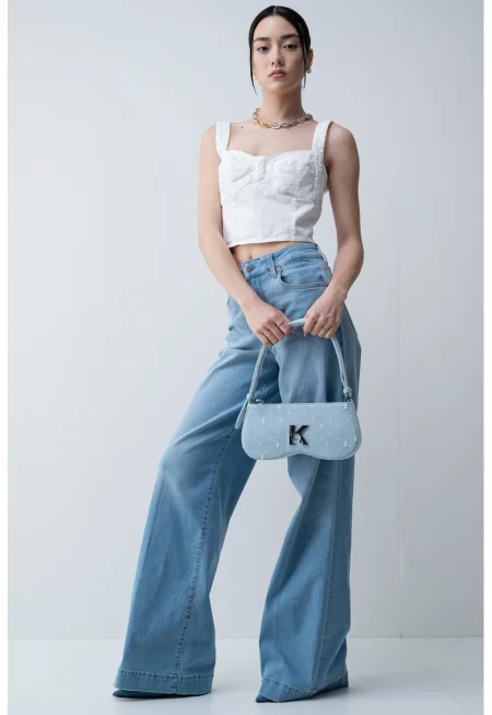 Дънков топ с цип - Бял