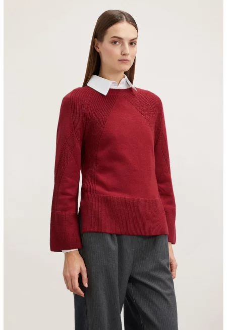 Едноцветен пуловер с вълна - Тъмночервен