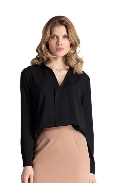 Елегантна блуза  M621 - черна - декоративна яка - полиестер/вискоза - дълъг ръкав
