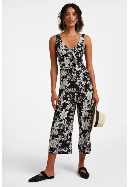 Флорален шпиц гащеризон - Черен/Мръснобял