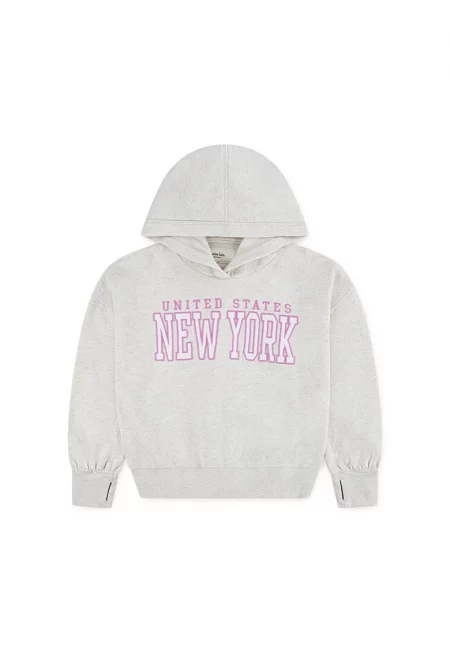 Худи с памук с надпис - Светлобежов меланж/Розово