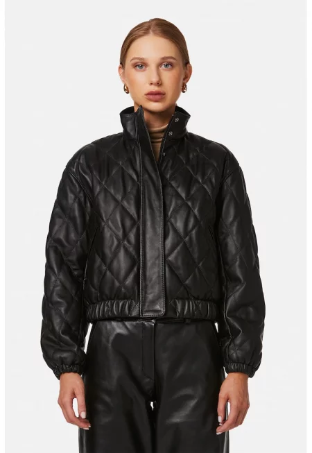 Капитонирано кожено бомбър яке - Черен