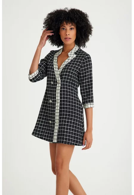Карирана рокля-сако от туид - Слонова кост/Черен