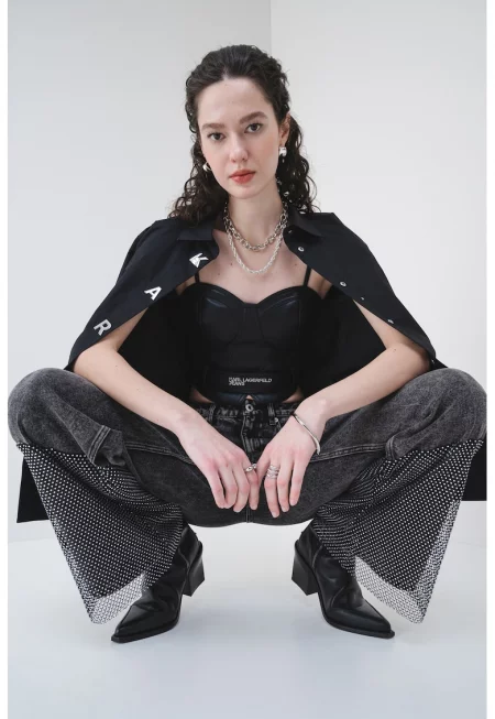 Къс топ от еко кожа - Черен